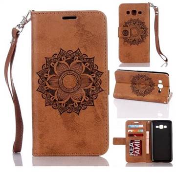 Embossing Retro Matte Mandala Flower Leather Wallet Case for Samsung Galaxy Core Prime G360 - Brown