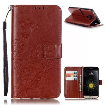 Embossing Butterfly Flower Leather Wallet Case for LG G5 - Brown