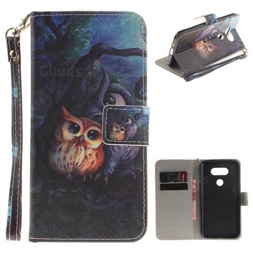 Oil Painting Owl Hand Strap Leather Wallet Case for LG G5