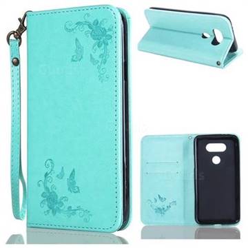 Intricate Embossing Slim Butterfly Rose Leather Holster Case for LG G5 - Mint Green