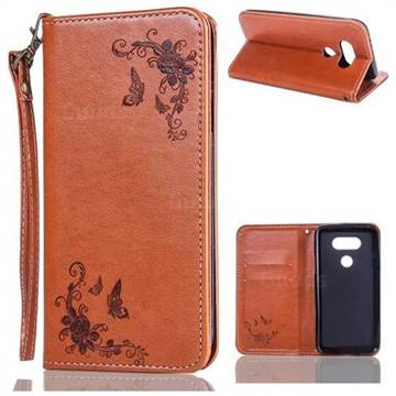 Intricate Embossing Slim Butterfly Rose Leather Holster Case for LG G5 - Brown