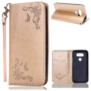 Intricate Embossing Slim Butterfly Rose Leather Holster Case for LG G5 - Golden
