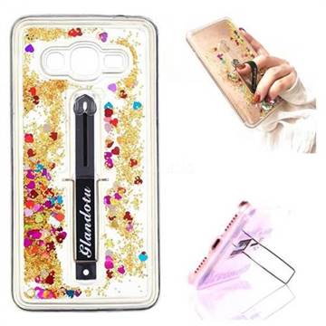 Concealed Ring Holder Stand Glitter Quicksand Dynamic Liquid Phone Case for Samsung Galaxy Grand Prime G530 - Golden