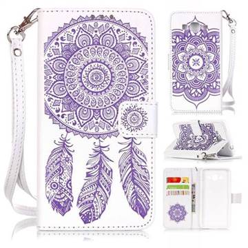 Embossing Campanula Flower Leather Wallet Case for Samsung Galaxy Grand Prime G530 - White Purple