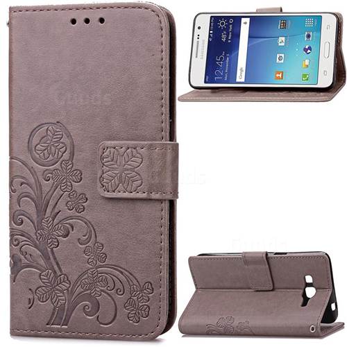 Embossing Imprint Four-Leaf Clover Leather Wallet Case for Samsung Galaxy Grand Prime G530 - Gray