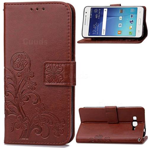 Embossing Imprint Four-Leaf Clover Leather Wallet Case for Samsung Galaxy Grand Prime G530 - Brown