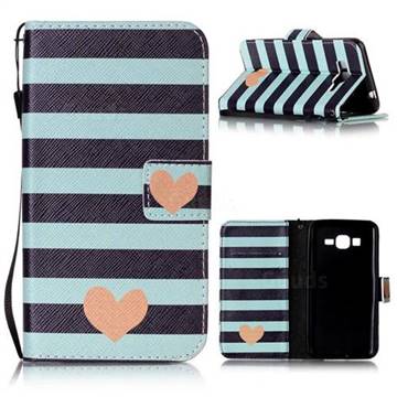 Blue Stripe Heart Leather Wallet Phone Case for Samsung Grand Prime G530