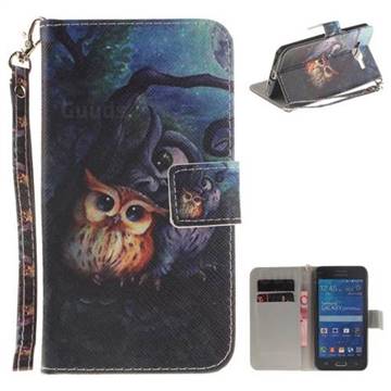 Oil Painting Owl Hand Strap Leather Wallet Case for Samsung Galaxy Grand Prime G530