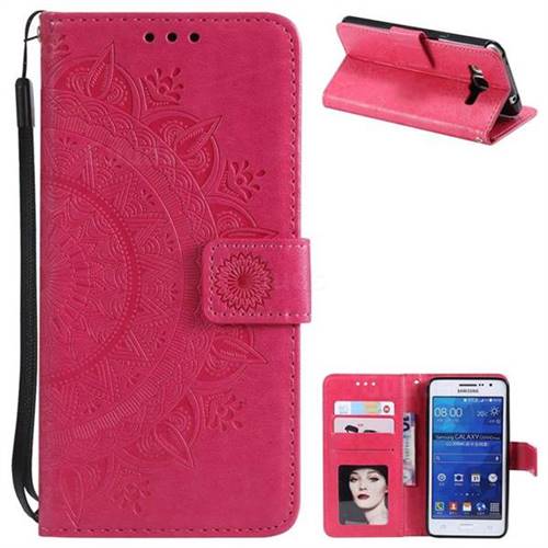 Intricate Embossing Datura Leather Wallet Case for Samsung Galaxy Grand Prime G530 - Rose Red