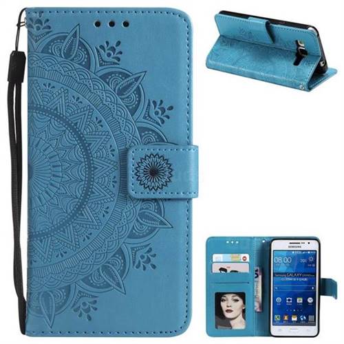 Intricate Embossing Datura Leather Wallet Case for Samsung Galaxy Grand Prime G530 - Blue