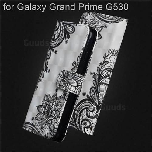 Black Lace Flower 3D Painted Leather Wallet Case for Samsung Galaxy Grand Prime G530