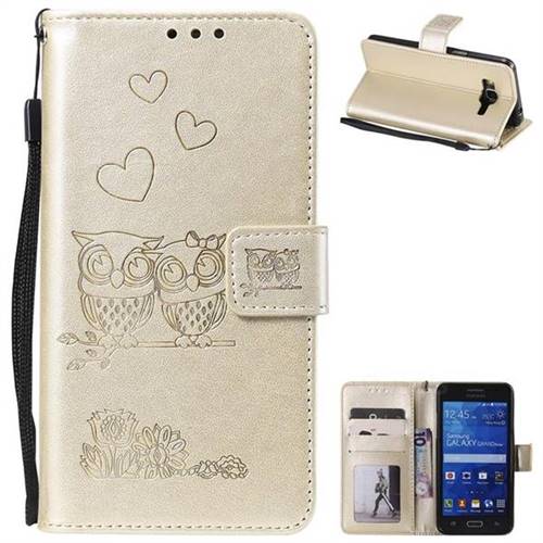 Embossing Owl Couple Flower Leather Wallet Case for Samsung Galaxy Grand Prime G530 - Golden