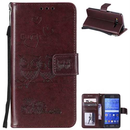 Embossing Owl Couple Flower Leather Wallet Case for Samsung Galaxy Grand Prime G530 - Brown
