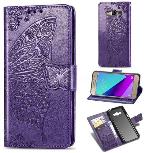 Embossing Mandala Flower Butterfly Leather Wallet Case for Samsung Galaxy Grand Prime G530 - Dark Purple