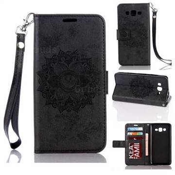 Embossing Retro Matte Mandala Flower Leather Wallet Case for Samsung Galaxy Grand Prime G530 - Black