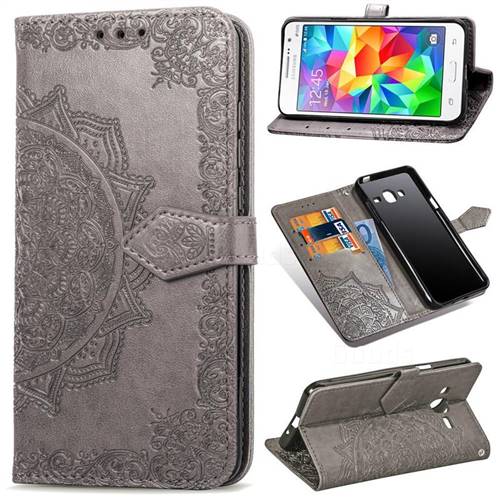 Embossing Imprint Mandala Flower Leather Wallet Case for Samsung Galaxy Grand Prime G530 - Gray