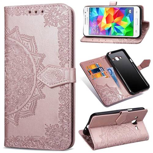 Embossing Imprint Mandala Flower Leather Wallet Case for Samsung Galaxy Grand Prime G530 - Rose Gold