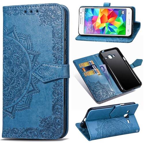 Embossing Imprint Mandala Flower Leather Wallet Case for Samsung Galaxy Grand Prime G530 - Blue