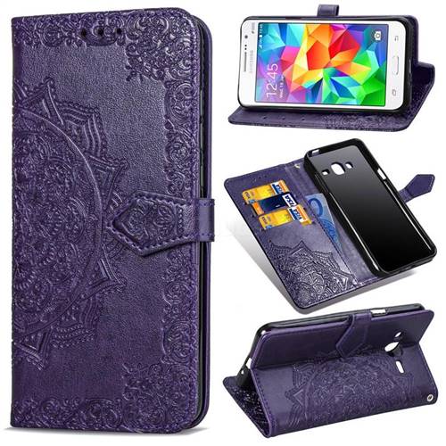 Embossing Imprint Mandala Flower Leather Wallet Case for Samsung Galaxy Grand Prime G530 - Purple