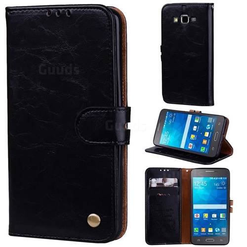 Luxury Retro Oil Wax PU Leather Wallet Phone Case for Samsung Galaxy Grand Prime G530 - Deep Black