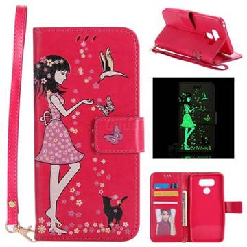 Luminous Flower Girl Cat Leather Wallet Case for LG G6 - Rose