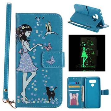 Luminous Flower Girl Cat Leather Wallet Case for LG G6 - Blue