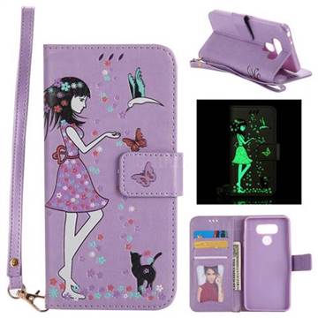 Luminous Flower Girl Cat Leather Wallet Case for LG G6 - Purple