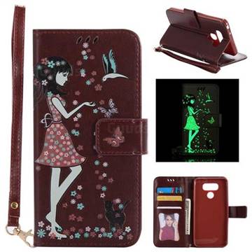 Luminous Flower Girl Cat Leather Wallet Case for LG G6 - Brown