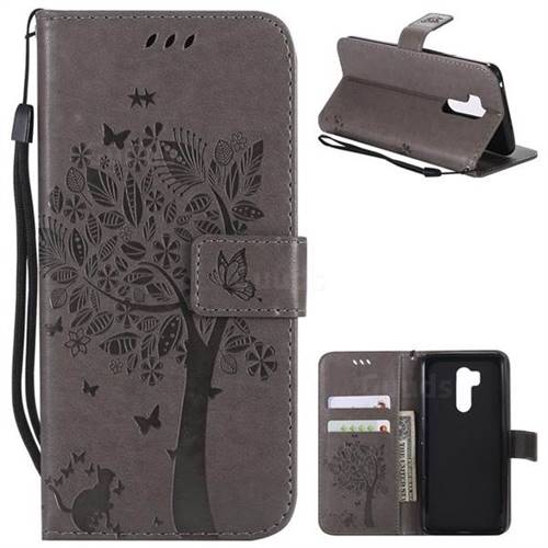Embossing Butterfly Tree Leather Wallet Case for LG G7 ThinQ - Grey