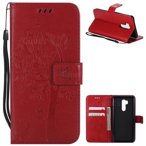 Embossing Butterfly Tree Leather Wallet Case for LG G7 ThinQ - Red