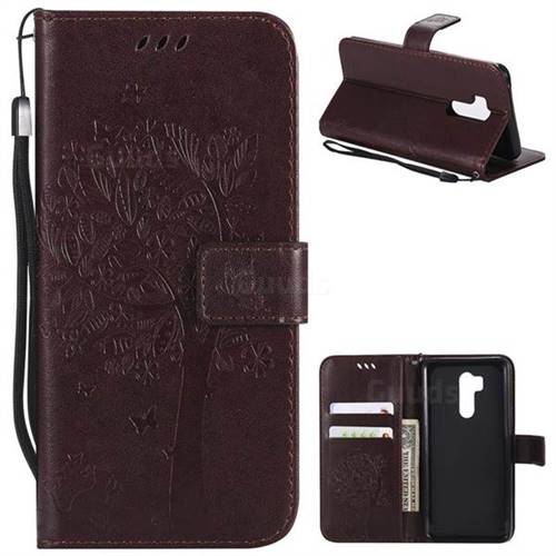 Embossing Butterfly Tree Leather Wallet Case for LG G7 ThinQ - Coffee