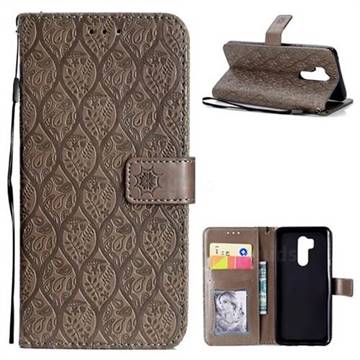 Intricate Embossing Rattan Flower Leather Wallet Case for LG G7 ThinQ - Grey