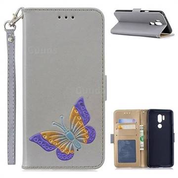 Imprint Embossing Butterfly Leather Wallet Case for LG G7 ThinQ - Grey