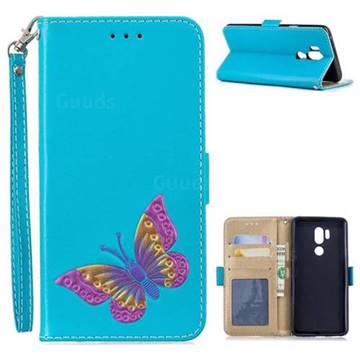 Imprint Embossing Butterfly Leather Wallet Case for LG G7 ThinQ - Sky Blue