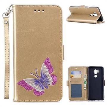 Imprint Embossing Butterfly Leather Wallet Case for LG G7 ThinQ - Golden