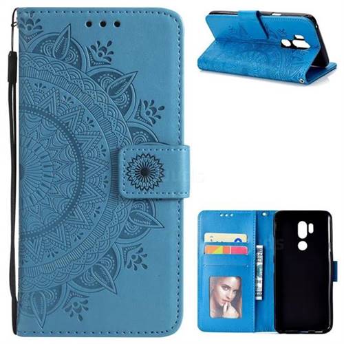Intricate Embossing Datura Leather Wallet Case for LG G7 ThinQ - Blue