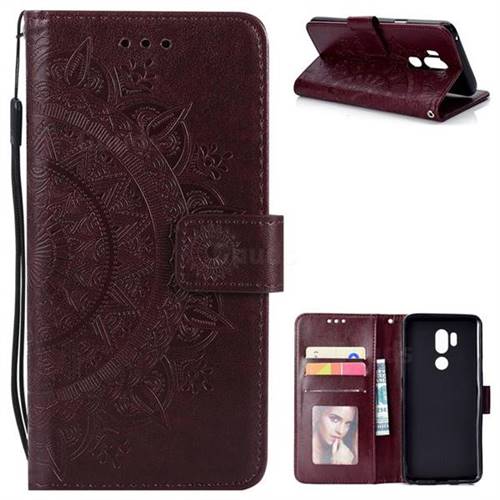 Intricate Embossing Datura Leather Wallet Case for LG G7 ThinQ - Brown