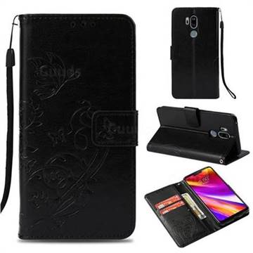 Embossing Butterfly Flower Leather Wallet Case for LG G7 ThinQ - Black