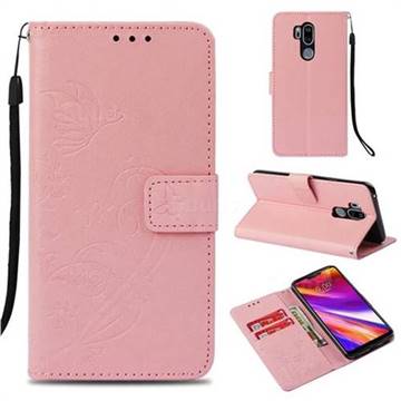 Embossing Butterfly Flower Leather Wallet Case for LG G7 ThinQ - Pink