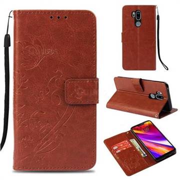 Embossing Butterfly Flower Leather Wallet Case for LG G7 ThinQ - Brown