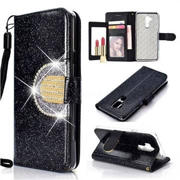 Glitter Diamond Buckle Splice Mirror Leather Wallet Phone Case for LG G7 ThinQ - Black