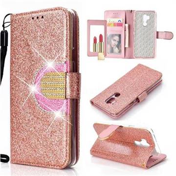 Glitter Diamond Buckle Splice Mirror Leather Wallet Phone Case for LG G7 ThinQ - Rose Gold