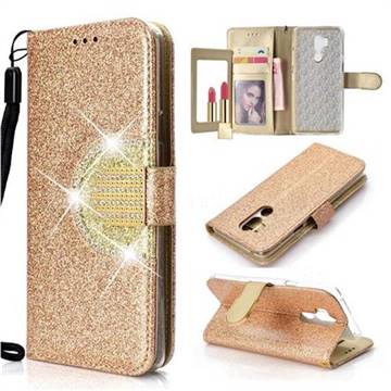 Glitter Diamond Buckle Splice Mirror Leather Wallet Phone Case for LG G7 ThinQ - Golden
