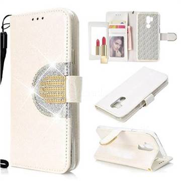 Glitter Diamond Buckle Splice Mirror Leather Wallet Phone Case for LG G7 ThinQ - White