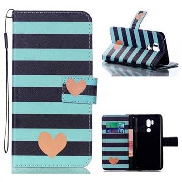 Blue Stripe Heart Leather Wallet Phone Case for LG G7 ThinQ
