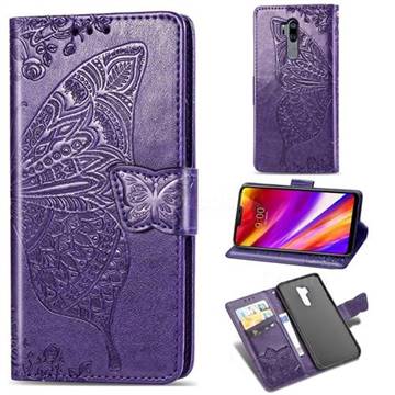 Embossing Mandala Flower Butterfly Leather Wallet Case for LG G7 ThinQ - Dark Purple