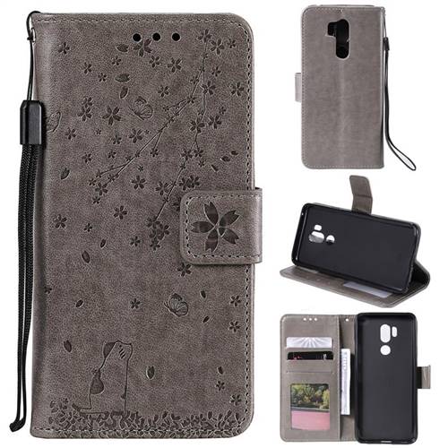 Embossing Cherry Blossom Cat Leather Wallet Case for LG G7 ThinQ - Gray