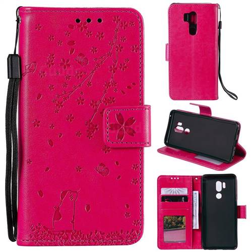 Embossing Cherry Blossom Cat Leather Wallet Case for LG G7 ThinQ - Rose