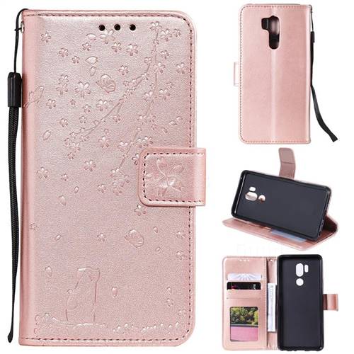 Embossing Cherry Blossom Cat Leather Wallet Case for LG G7 ThinQ - Rose Gold