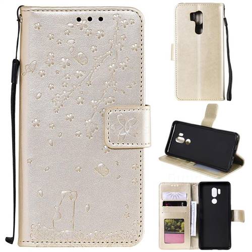Embossing Cherry Blossom Cat Leather Wallet Case for LG G7 ThinQ - Golden